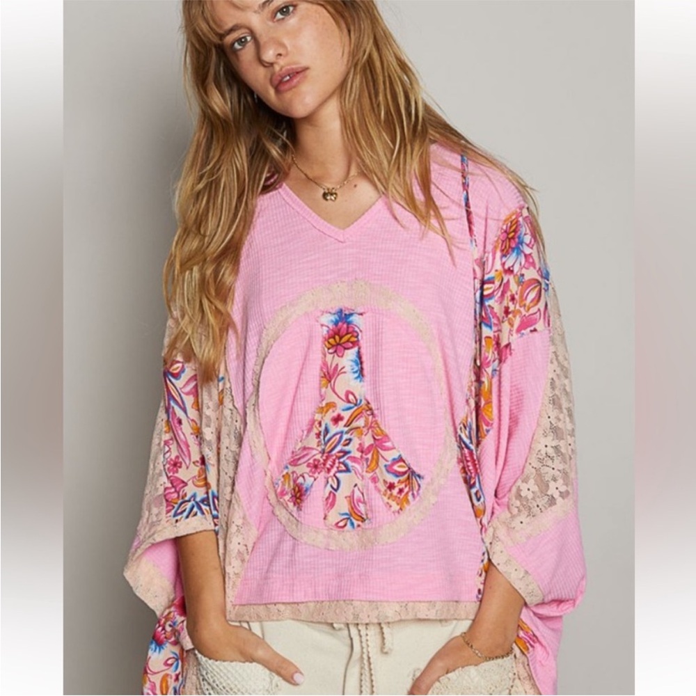 NEW POL Pink Blush Oversized Peace Sign Floral Mixed Media V-Neck Hoodie Top S - Picture 2 of 9